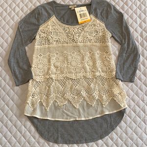 Grey T-shirt with Cream Crochet Detail